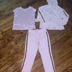 More than magic girls pink velour track suit gold sequin racing stripe & shirt L